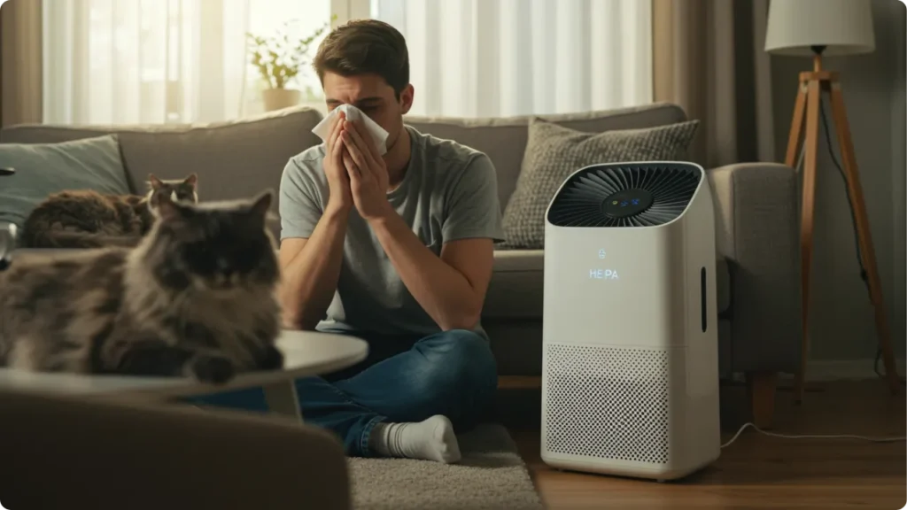 Pessoa alérgica convivendo com gato usando estratégias de controle