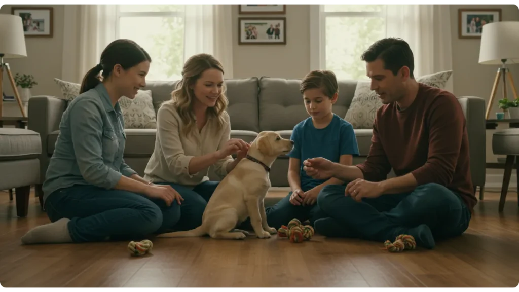 Família toda interagindo corretamente com filhote - porque não pode ficar pegando filhote de cachorro no colo em excesso