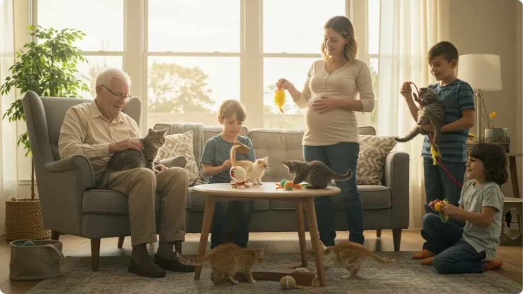 Família com diferentes grupos de risco convivendo seguramente com gatos