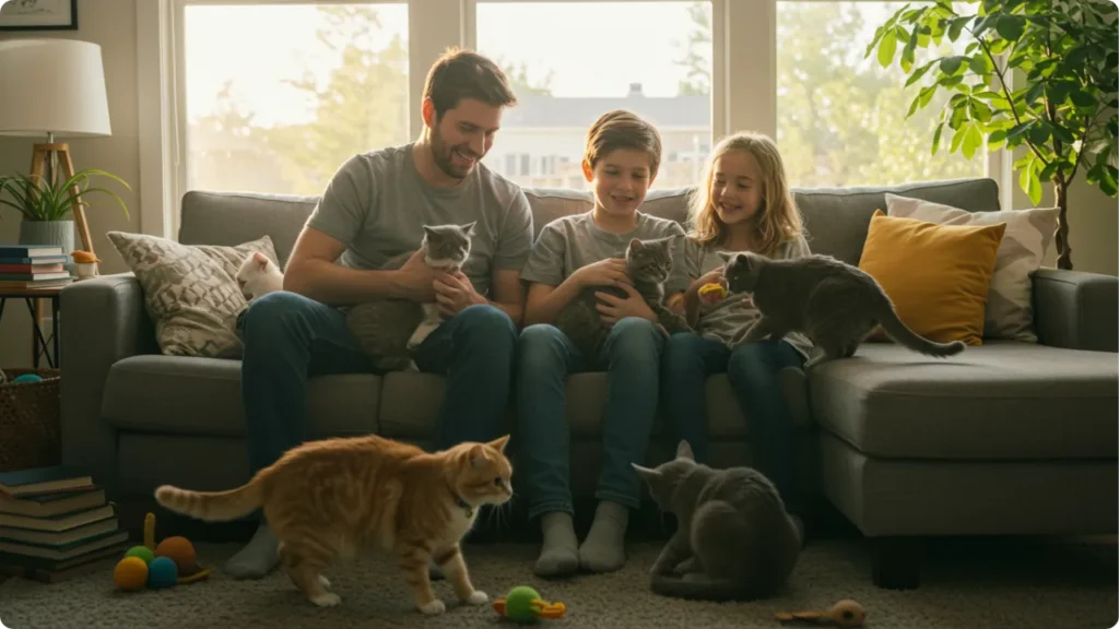 Família saudável convivendo harmoniosamente com múltiplos gatos