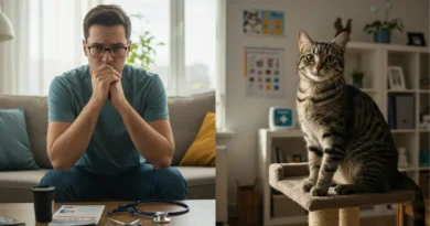Pessoa preocupada com doença de gato em humano - thumbnail educativa