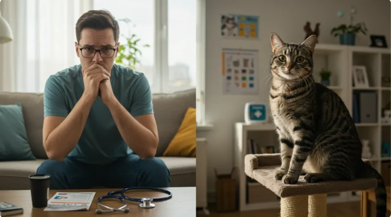 Pessoa preocupada com doença de gato em humano - thumbnail educativa