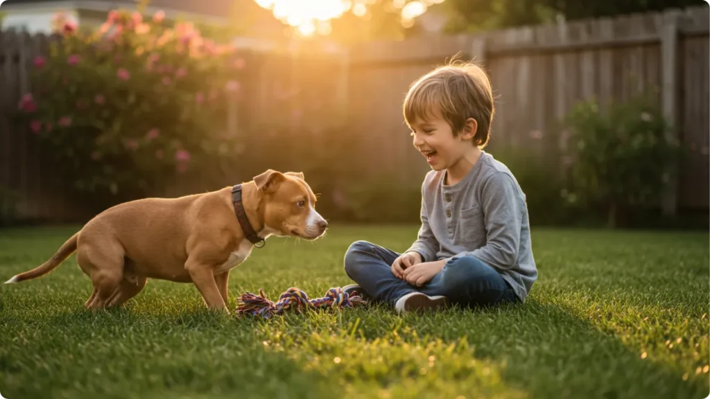 Pitbull filhote brincando com criança demonstrando docilidade