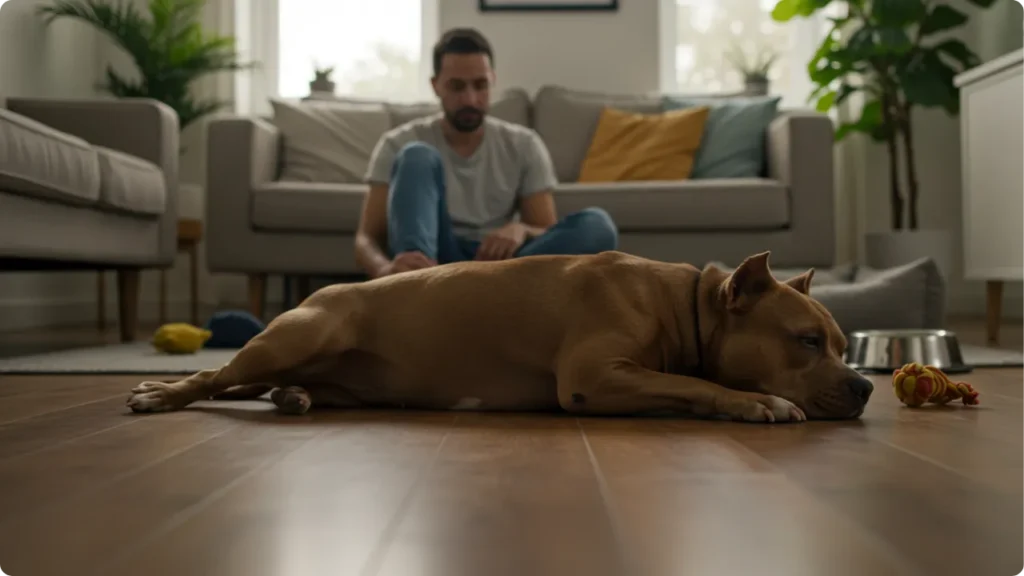 Pitbull demonstrando comportamento calmo com tutor