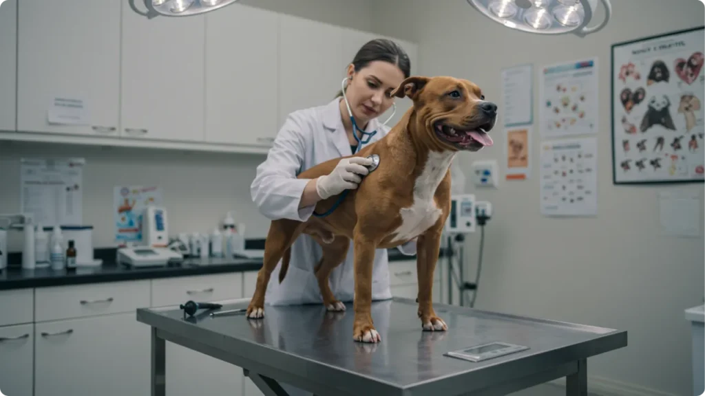 Pitbull recebendo cuidados veterinários preventivos