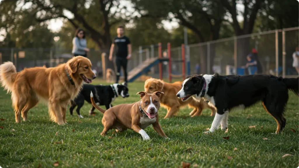 Pitbull filhote em processo de socialização com outros cães