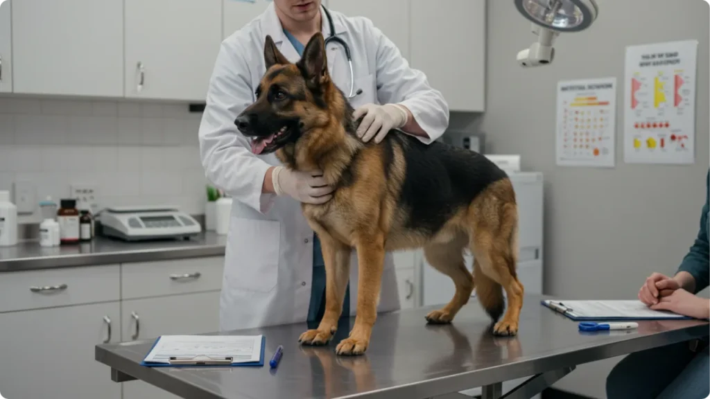 Pastor alemão em consulta nutricional veterinária
