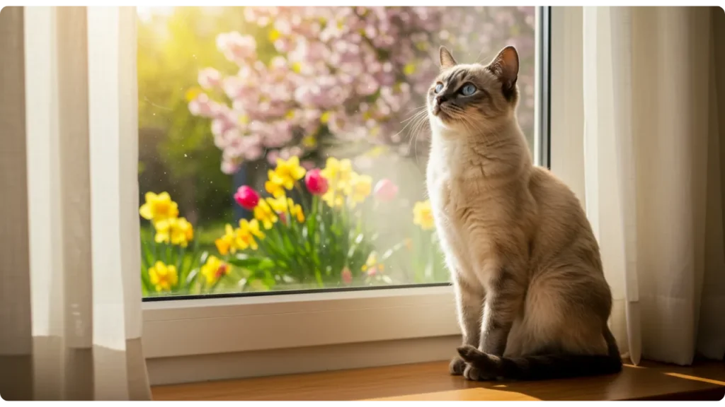 Gata próxima à janela ensolarada - influência da luz no cio felino