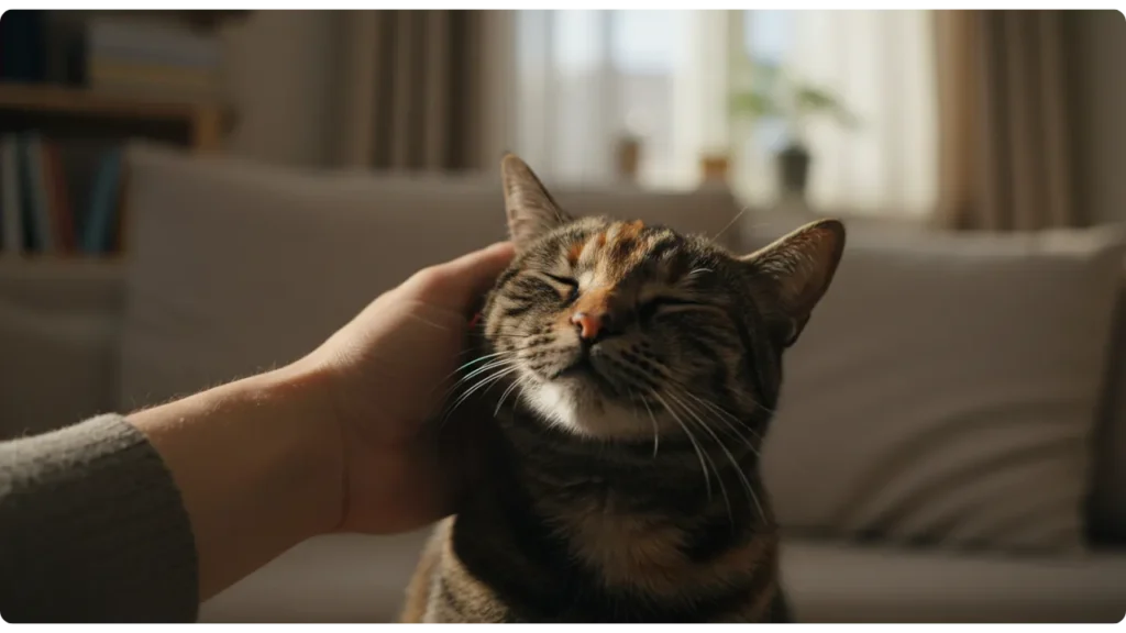 Gato ronronando durante carinho - demonstração de contentamento felino