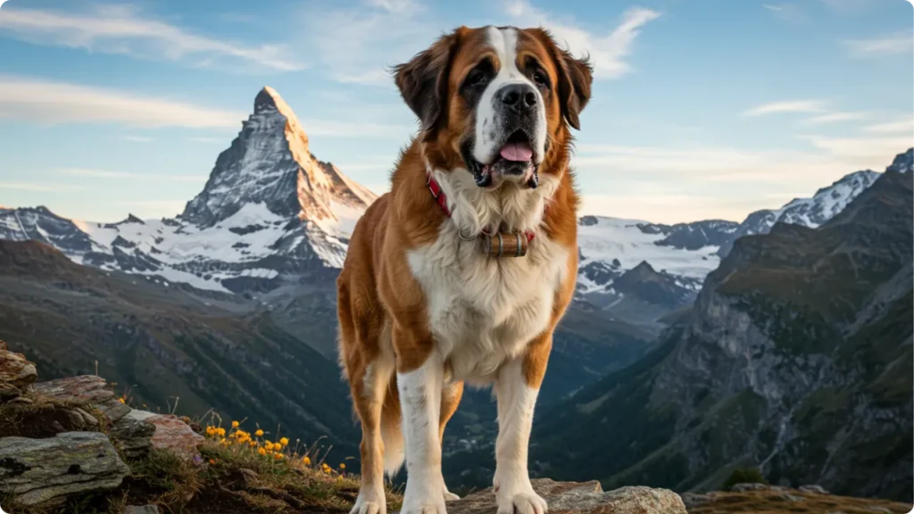 Cachorro São Bernardo majestoso nas montanhas alpinas