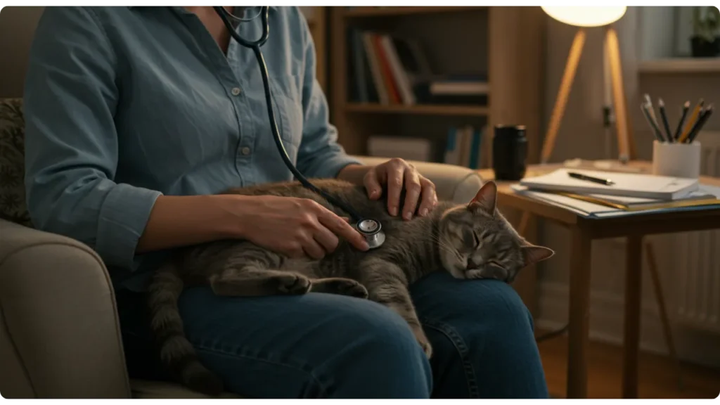 Gato sendo examinado enquanto ronrona - pesquisa científica sobre ronronar felino
