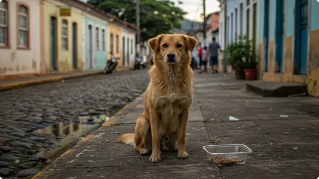 Cão de rua em situação de abandono necessitando ajuda