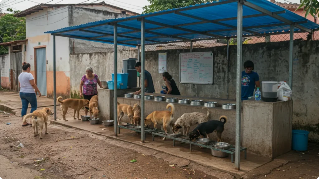 Ponto de alimentação comunitário para cães de rua