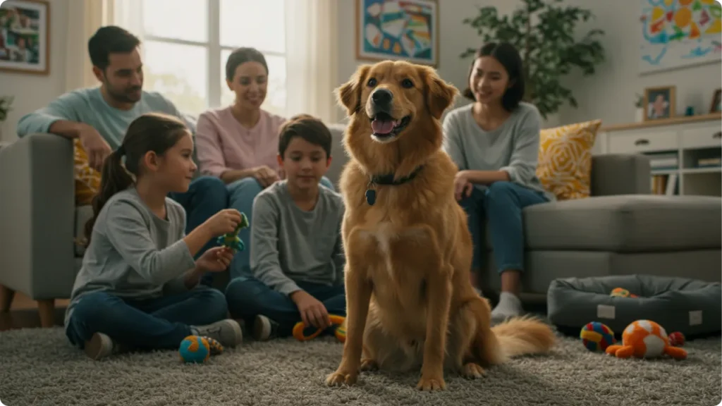 Cão adotado feliz com família - quem recolhe cachorro de rua para adoção