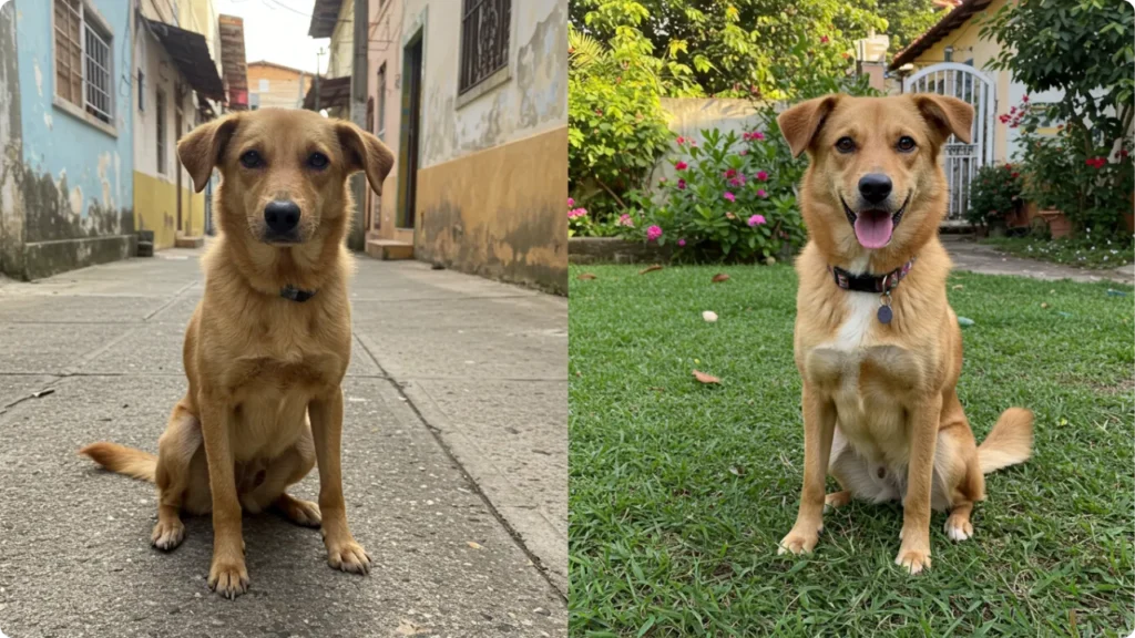 Transformação impressionante de cão resgatado das ruas