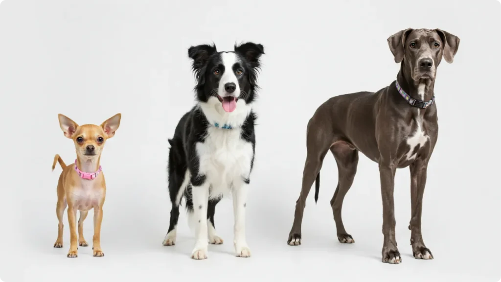 Diferentes portes de cadelas mostrando quando cachorro entra no cio por tamanho