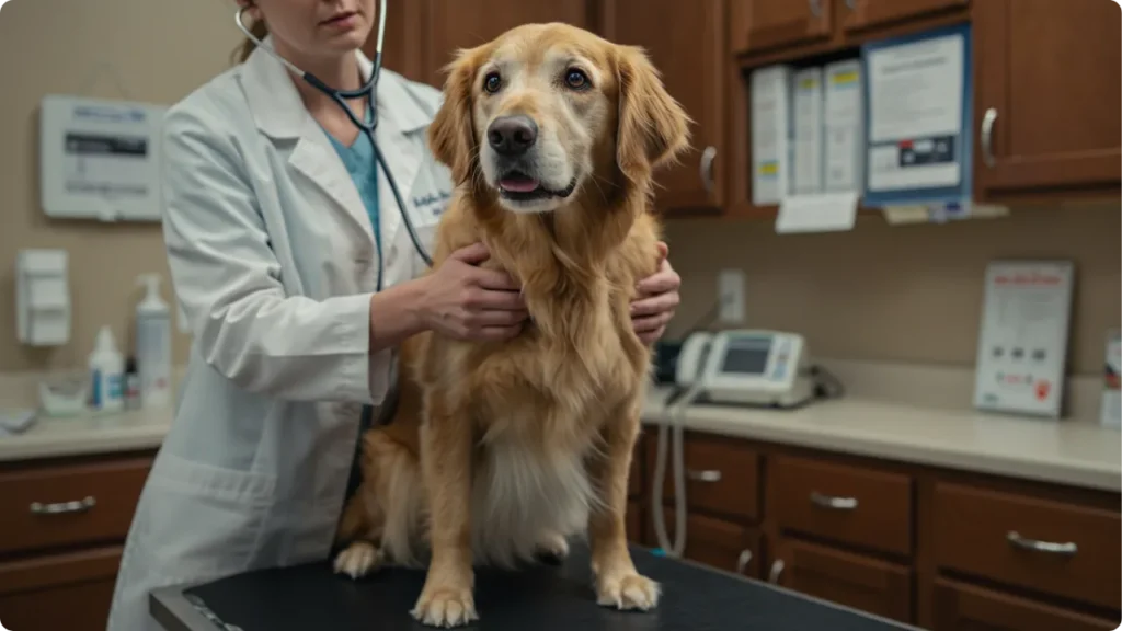 Cadela idosa em consulta veterinária - cuidados especiais necessários