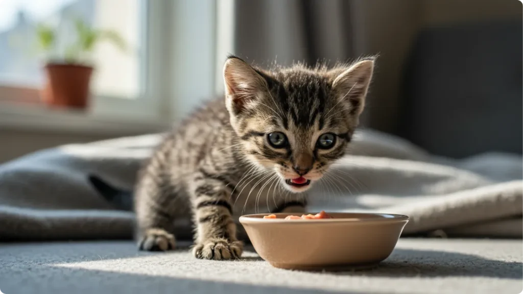 Gatinho de 4 semanas mostrando primeiros dentes - quando filhote de gato pode comer ração