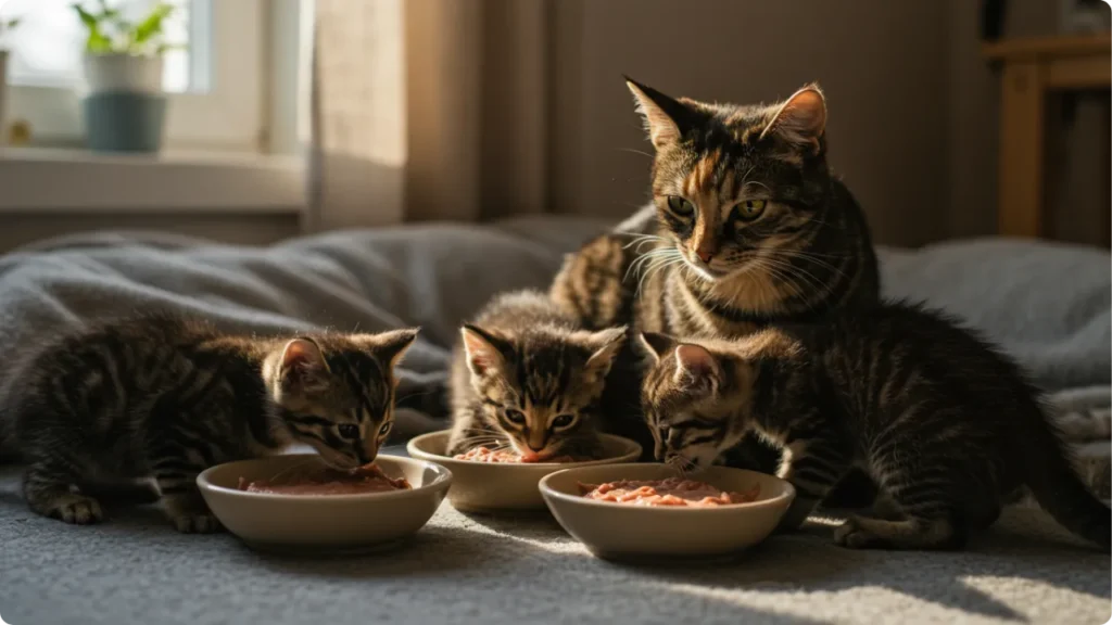 Gata mãe com filhotes em processo natural de desmame