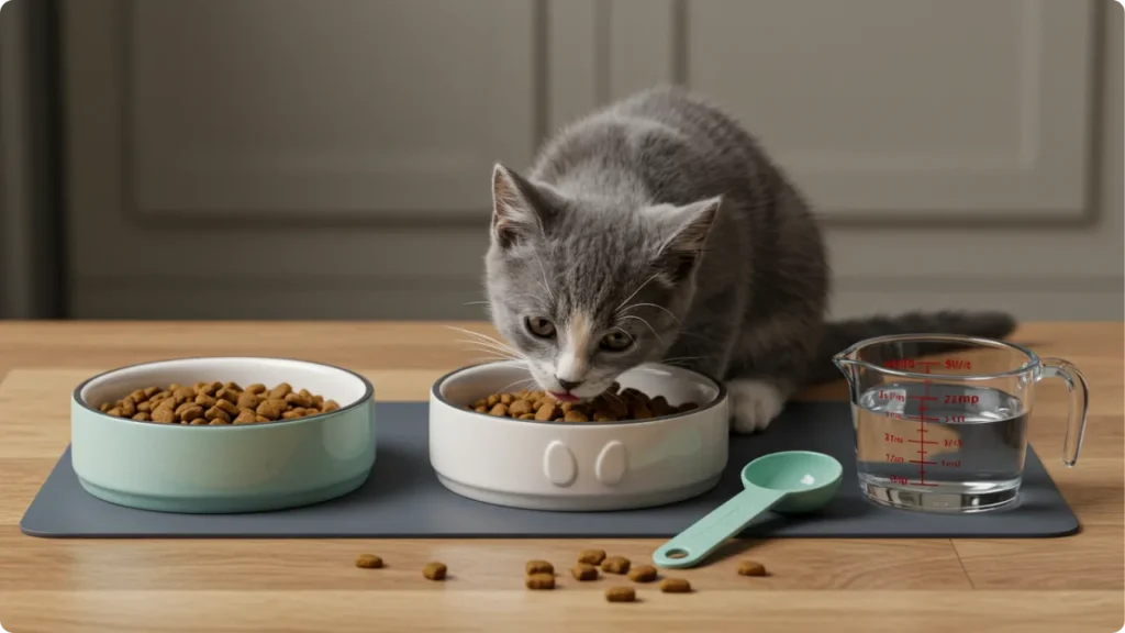 Gatinho comendo porção adequada em prato apropriado