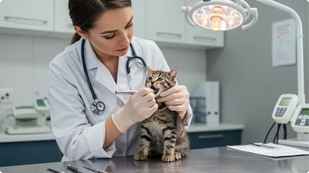 Veterinário examinando saúde de filhote relacionada à alimentação