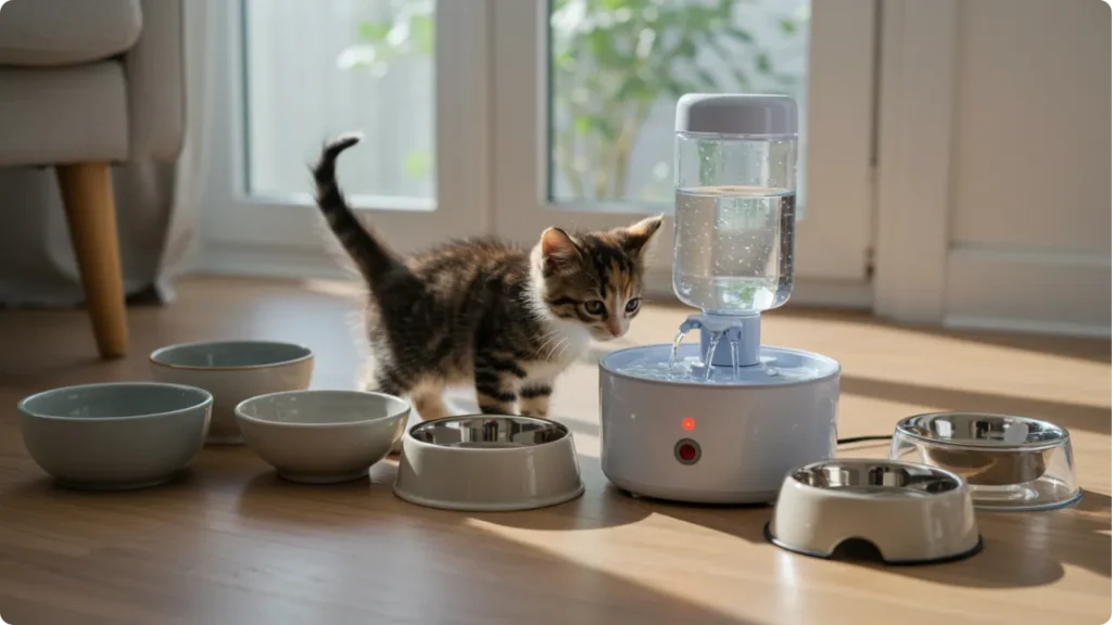Várias opções de água para gatinho - quando filhote de gato pode comer ração seca