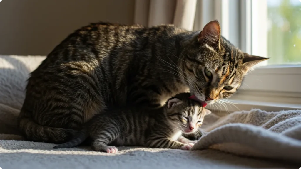 Gata mãe estimulando filhote - quando o filhote de gato começa a defecar sozinho