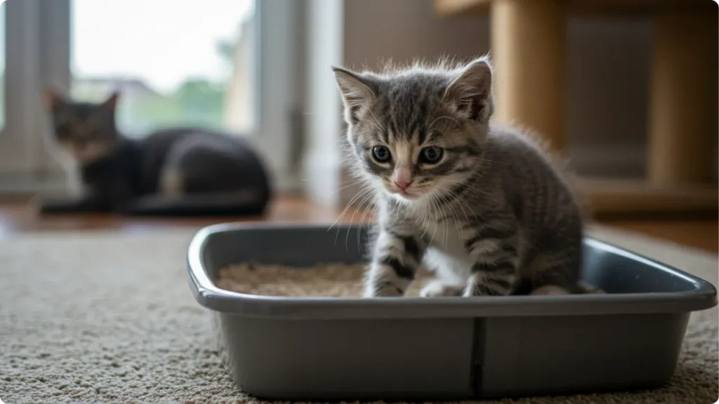 Gatinho de 4 semanas tentando defecar sozinho pela primeira vez