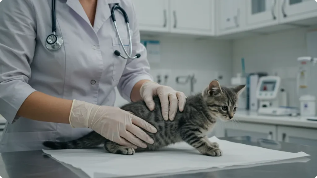 Veterinário examinando filhote com problemas de eliminação
