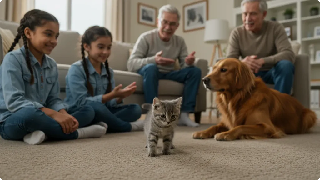 Filhote sendo socializado com pessoas e outros animais