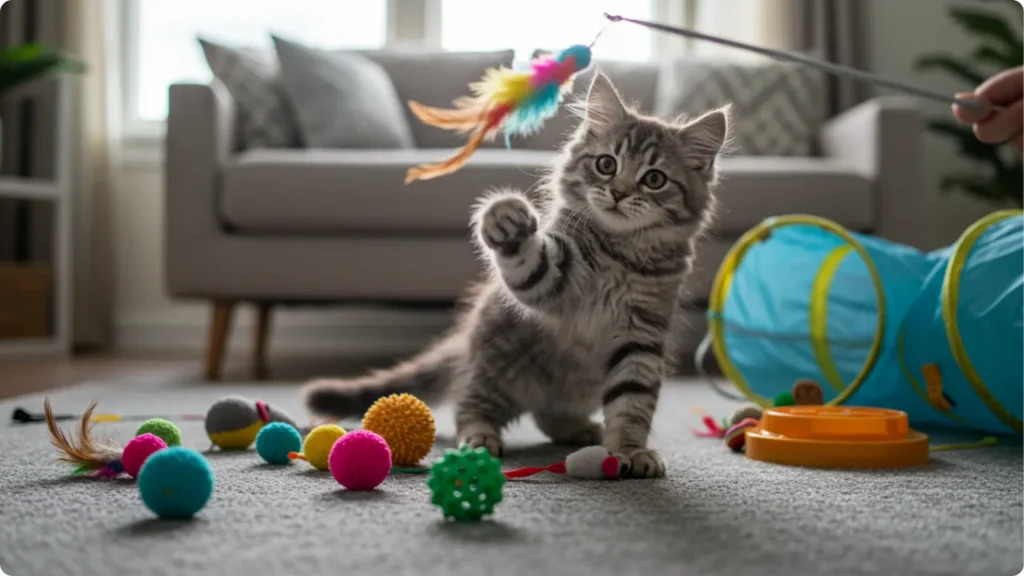 Filhote brincando com variedade de brinquedos seguros e estimulantes