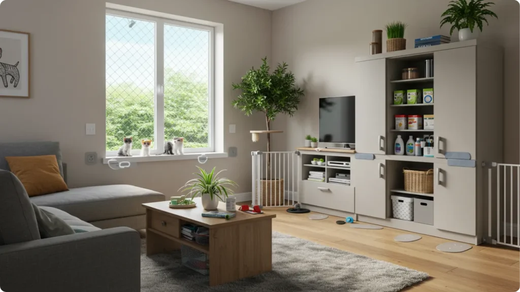 Casa adaptada com segurança para filhotes de gato