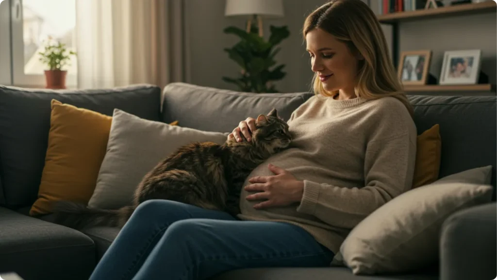 Gestante convivendo seguramente com gato - prevenção de toxoplasmose