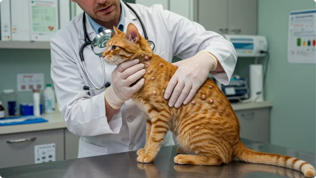Gato com lesões de esporotricose sendo examinado - doença de gato em humano emergente